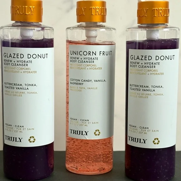 Set of 3 TRULY Beauty Body Cleansers Vegan Glazed Donut + Unicorn Fruit 8oz EACH